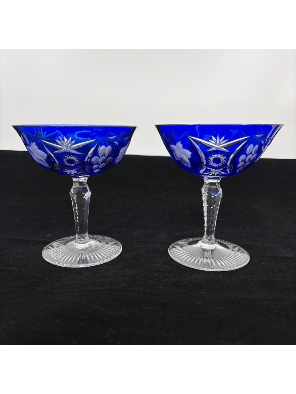 Vintage Ajka Marsala Cobalt Blue Cut to Clear Sherbet Champagne Coupe Set of 2